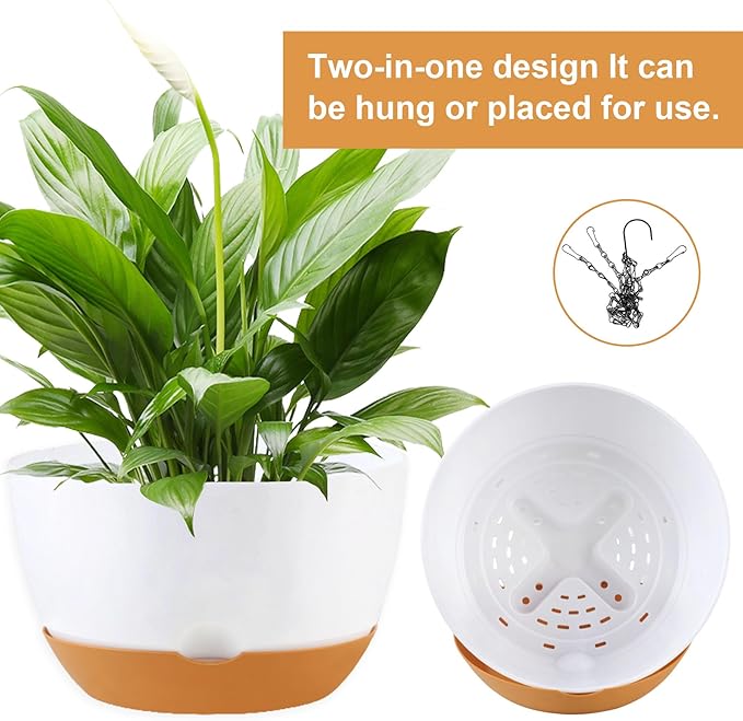 8/10/12 inch Hanging Planters for Indoor Outdoor Plants with Self-Watering Pots, 3 Pack Plastic Hanging Basket with Removable Tray for Home Garden Porch Balcony Patio Decor(White)