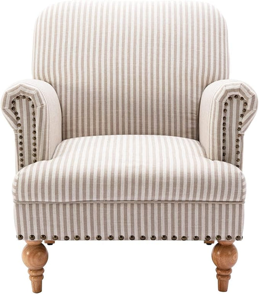 chairus Linen Accent Chair for Living Room Upholstered Mid Century Modern Single Sofa Chair with Solid Wood Legs Comfy Reading Chair Armchair for Bedroom/Office Room/Recption/Lounge, Khaki Stripe