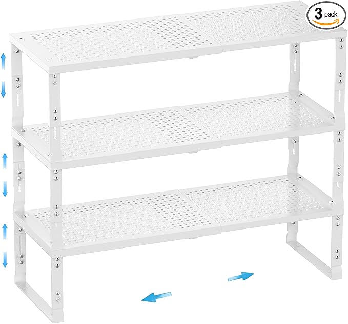 Expandable Spice Rack,Stackable Storage for Cabinet, Multi-Functional Kitchen Shelving,Height-Adjustable,Sustainable Organizer Solution(3Packs/White/Medium)