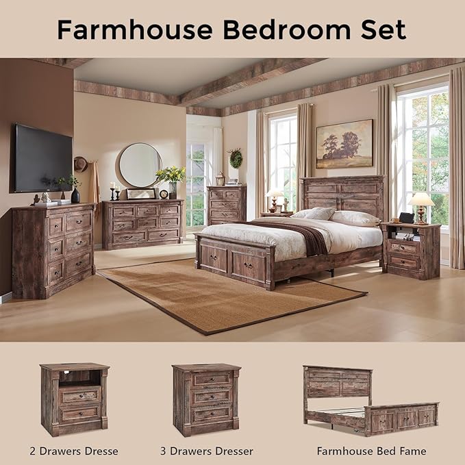 26" Tall Farmhouse Nightstand Set of 2, 2 Drawers End Table w/Charging Station, 23.6" Wide Large Side Table w/Roman Column, Wood Rustic Sofa Table w/Open Shelf, Bedside Table for Bedroom, Light Brown