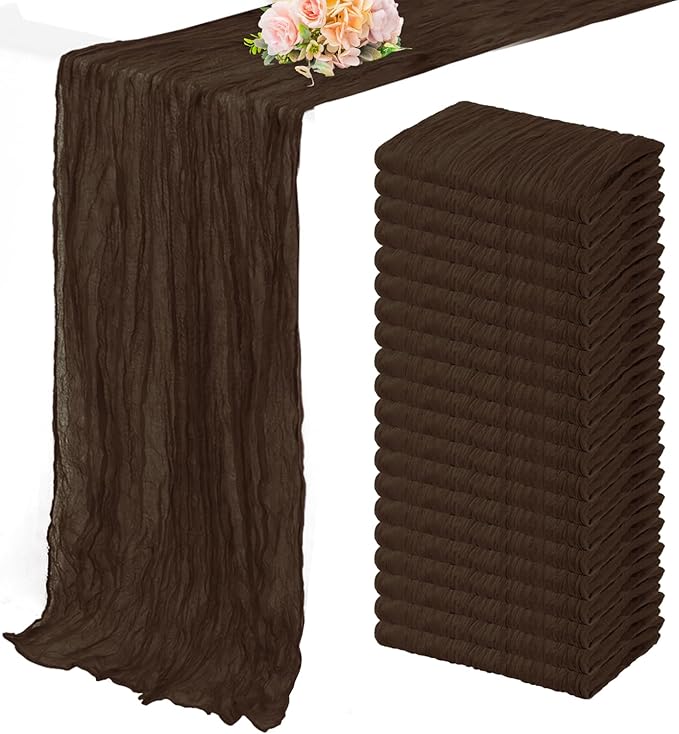 6FT 20 Pack Brown Cheesecloth Table Runner 20 x 120 Inch Long Boho Fabric Rustic Cheese Cloth Table Runner for Wedding Bridal Shower Baby Shower Gauze Sheer Birthday Party Table Decorations