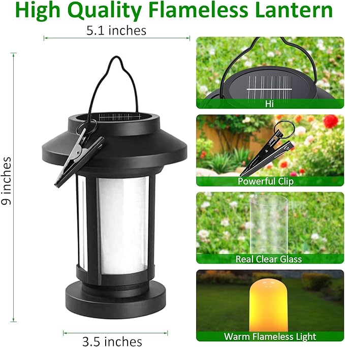 Derynome Solar Lantern Outdoor Lights, 2 Pack Upgraded Flickering Flameless Solar Lights Outdoor Waterproof, Hanging Decorative Lanterns for Yard Patio Path Garden Decor (2)