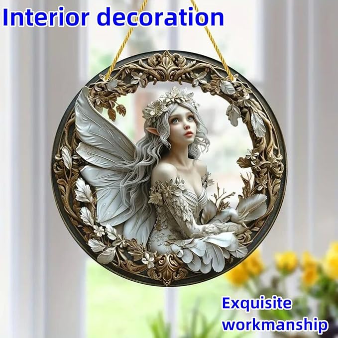 Flower Fairy Garden Decorations Angel Wing Christmas Halloween Deco Statue Art Elf Sculpture Hanging Craft for Outdoor Yard Courtyard Lawn Patio Window Acrylic Ornament Home Gift (D,L: 8*8 IN)