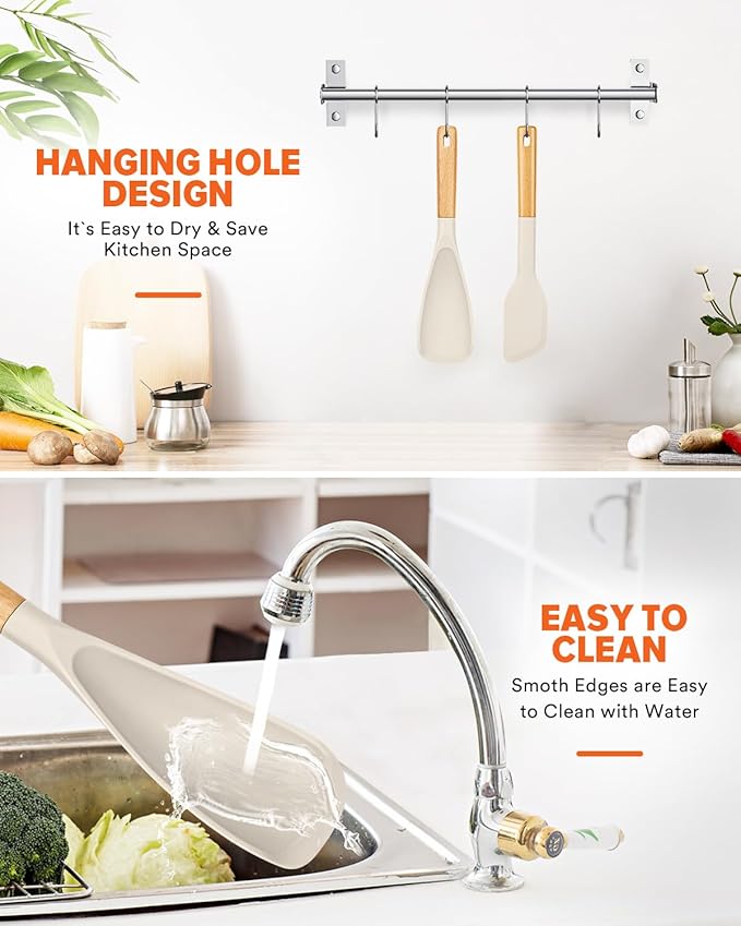 Cooking Spoon and Scraper for Nonstick Cookwares, Great for Cooking and Serving Durable BPA-Free Matte Silicone, Wood Handle Multifunction Spoon for Mixing, Scoop, and Scrape (KHAKI)