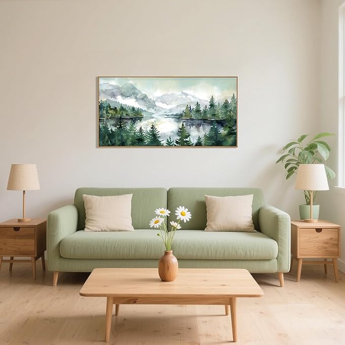 Celestdeco Watercolor Mountain Framed Canvas Wall Art Set, Boho Forest Wall Decor, Nature Green Pines Wall Painting, Forest Wilderness Artwork for Living Room, Bedroom, Dining Room, Office - 20"x40"x1