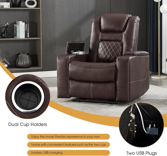 CANMOV Electric Power Recliner Chair Set of 2, Breathable Leather Home Theater Seating with Hidden Arm Storage, Power Recliner Chair for Living Room with USB Ports and Cup Holders,Red Brown