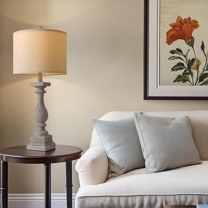 BOBOMOMO 27" Farmhouse Table Lamps with USB-A +C Ports, Vintage Rustic Lamps for Living Room, Linen Shade, Retro Side Table Lamps Set of 2 for Living Room,Bedroom,Night Stands,Office, Home Decor