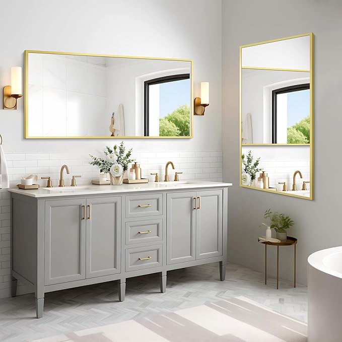 Gold Bathroom Mirror for Wall, 60x30 Inch Rectangle Mirrors with Metal Frame, Modern Vanity Wall Mirror Decor for Bathroom Living Room, Entryway Hangs Horizontal or Vertical