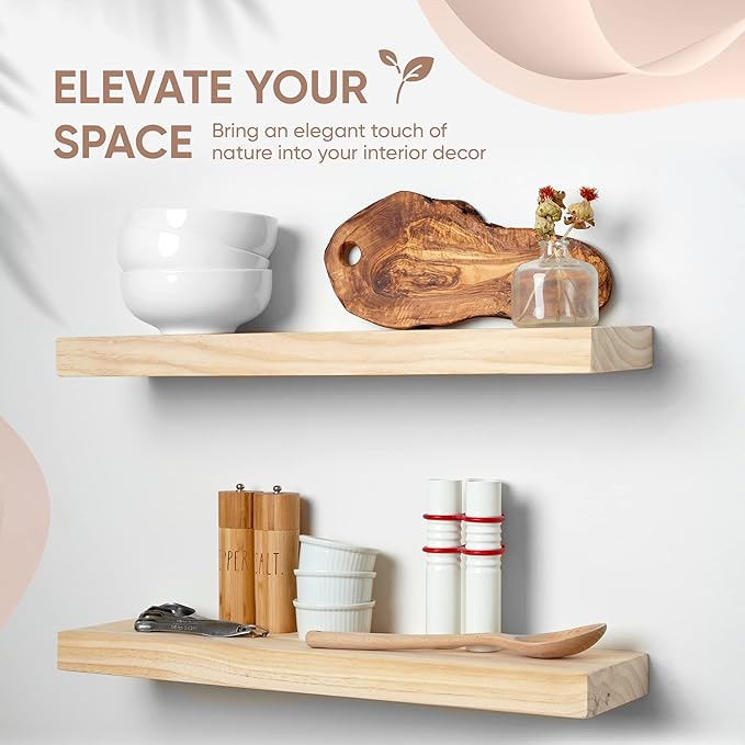 Homeforia 24 inch Natural Floating Shelf, High End Solid Real Wood 24inch Small Floating Shelves for Wall Mounted, Natural Wooden Floating Shelves, Heavy Duty Bracket, 24 X 6.5 X 1.75 in, Set of 4
