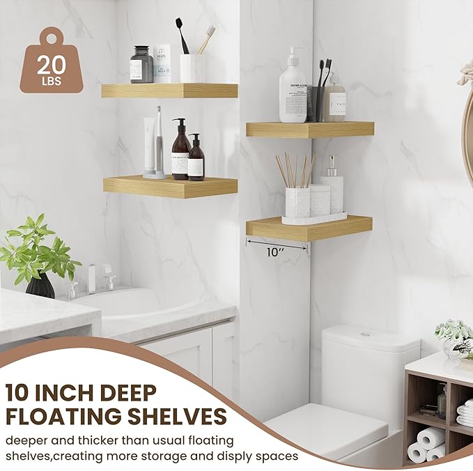 Fun Memories Floating Shelves for Wall - 10 x 16 Floating Shelf - Rustic Wood Storage Shelf - Wall Shelves with Invisible Bracket - 16" Bookshelves for Living Room & Bedroom - Oak - Set of 2