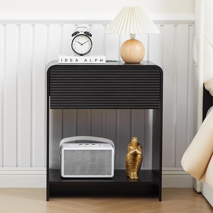 Fluted Nightstand with Charging Station, Mid Century Modern Bed Side Table End Table with Drawer Storage, Large Wooden Night Stands Bedside for Bedroom Living Room Sofa Office, Black