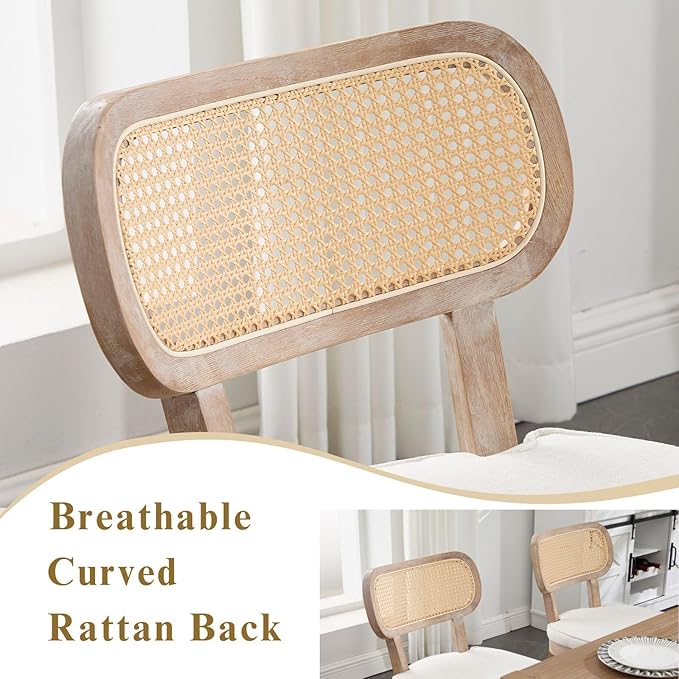 Farmhouse Rattan Dining Chairs Set of 4 Solid Wood Kitchen Chair with Cane Back French Country Upholstered Accent Chair Rustic Armless Side Chairs for Dining/Living Room/Restaurant, Beige