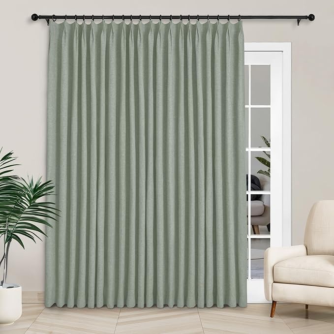 Macochico Extra Wide Full Blackout Linen Curtains for Sliding Door Fog Green Pinch Pleated Linen Curtains 96 Inches Long for Bedroom Living Room Farmhouse with Tieback 120”Wx96”L 1 Panel