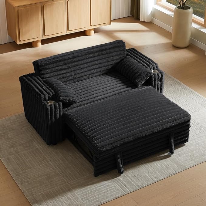 68.11" Corduroy Convertible Sofa Bed with USB Charging Port, Foldable Sleeper Chair with Pillows & Armrests, 3-in-1 Floor Couch for Living Room, Bedroom, Guest Room – Black