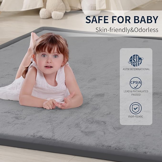 ACOMOPACK Baby Play Mat for Floor 1.3" Thick Memory Foam Play Mat 39"×59" Tummy Time Crawling with Non-Slip Bottom for Living Room,Nursery,Soft Velvet Playpen Mats for Kids,Infants（Dark Grey）