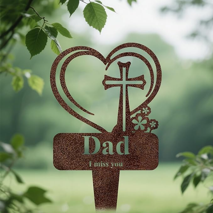 Dad Memorial Grave Stake, Cemetery Decorations for Grave Markers 12.5 x 7.2 inch Heart Metal Sympathy Stakes Graveside Plaque Decor Sign for Father Graves, Yard, Garden - Rust-Dad