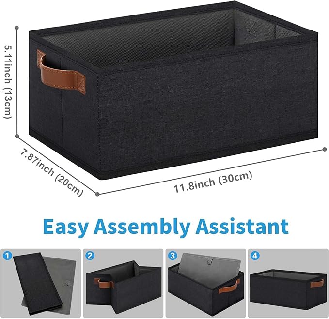 GhvyenntteS Small Fabric Storage Bins 6 Pack, 11.8" x 7.87" x 5.11" Storage Basket with Leather Handles, Closet Storage Bins for Shelves, Storage Baskets for Shelves, DVD Storage (Black)