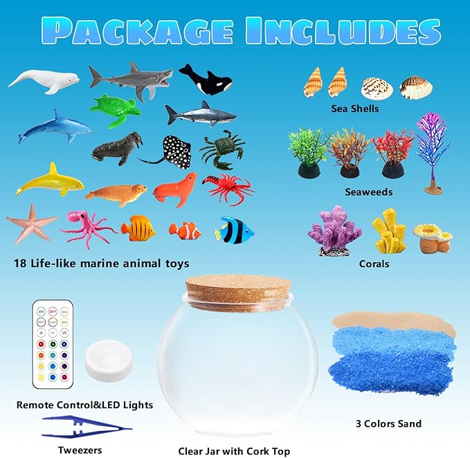 Ocean Light Up Terrarium Kit for Kids - Sea Animal Toys LED Night Light Birthday Gift for Boys & Girls Ages 4 5 6 7 8-12, Kids Arts & Crafts Kit