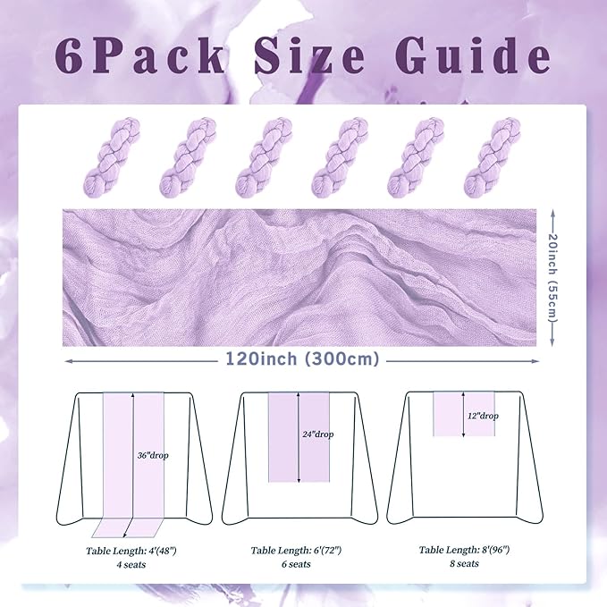 6 Pack Lilac Cheesecloth Table Runner 10FT Rustic Gauze Cheese Cloth Table Runner for Wedding 20 x 120 Inch Long Bridal Baby Shower Table Decor Boho Fabric Sheer Birthday Party Table Decorations