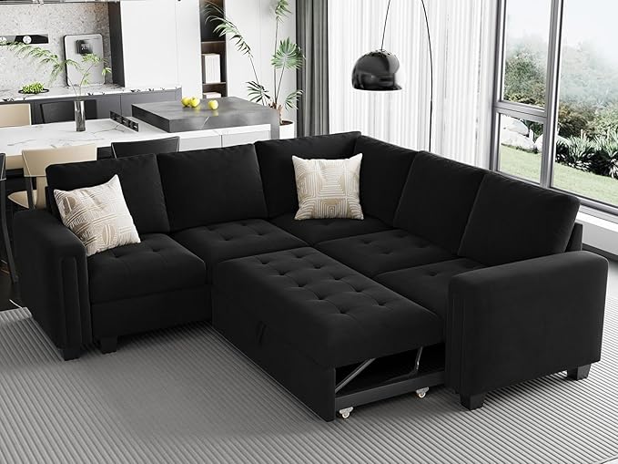 Belffin Modular Sectional Sleeper Sofa with Pull Out Couch Bed Velvet Convertible L Shaped Sectional Couch for Living Room Apartment Black