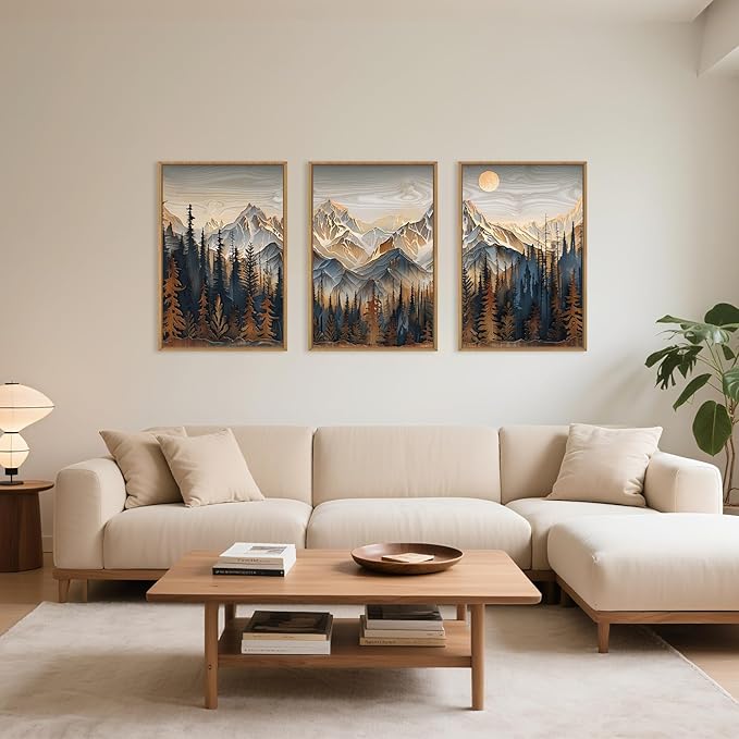 Wood Mountain Framed Canvas Wall Art Set, Pine Trees Wall Painting, Ridge Scenery Wall Decor, Natural Sun Landscape Art Print for Living Room, Bedroom, Dining Room, Office - 16"x24"x3