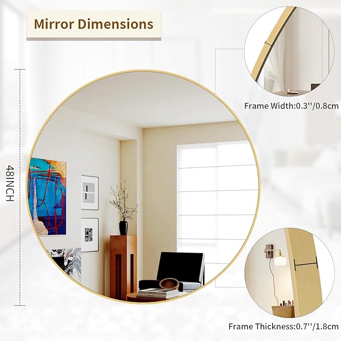 BEAUTYPEAK 48 Inch Round Mirror, Metal Frame Circle Mirror, Wall Mounted for Entryway, Bathroom, Vanity, Living Room, Gold