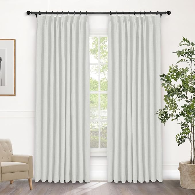 Macochico Pinch Pleated Full Blackout Curtains for Bedroom Living Room Greyish White Linen Curtains Thermal Insulated and Noise Reducing Window Panels with Tieback Shabby Chic Decor 84”Wx84”L 1 Panel