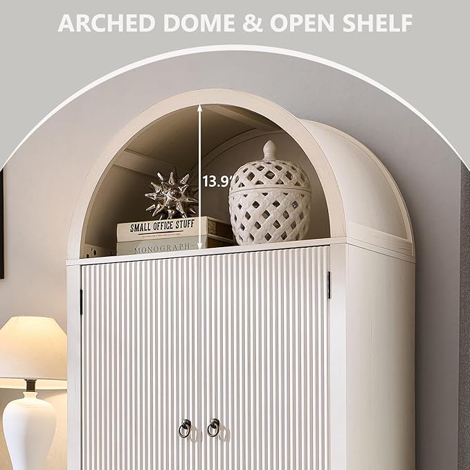 71" Tall Arched Bathroom Storage Cabinet, Modern Fluted Storage Cabinet w/Doors, 3 Adjustable Shelves, 6 Door Shelves, Wood Freestanding Cabinet for Bathroom, Entryway, Hallway, Antique White