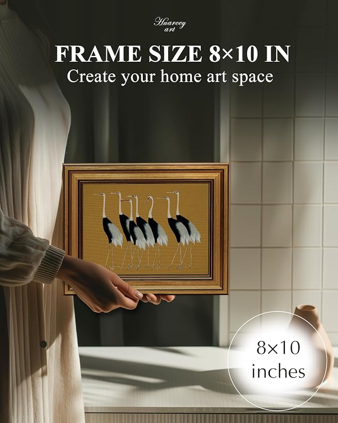 HUARCEY Gold Framed Vintage Wall Art for Living Room, Animals Painting Prints Shelf Decor for Kitchen, Aesthetic Bedroom Wall Art Decor, Christmas Gifts for Friends or Family (Seven Cranes - 8"x10")