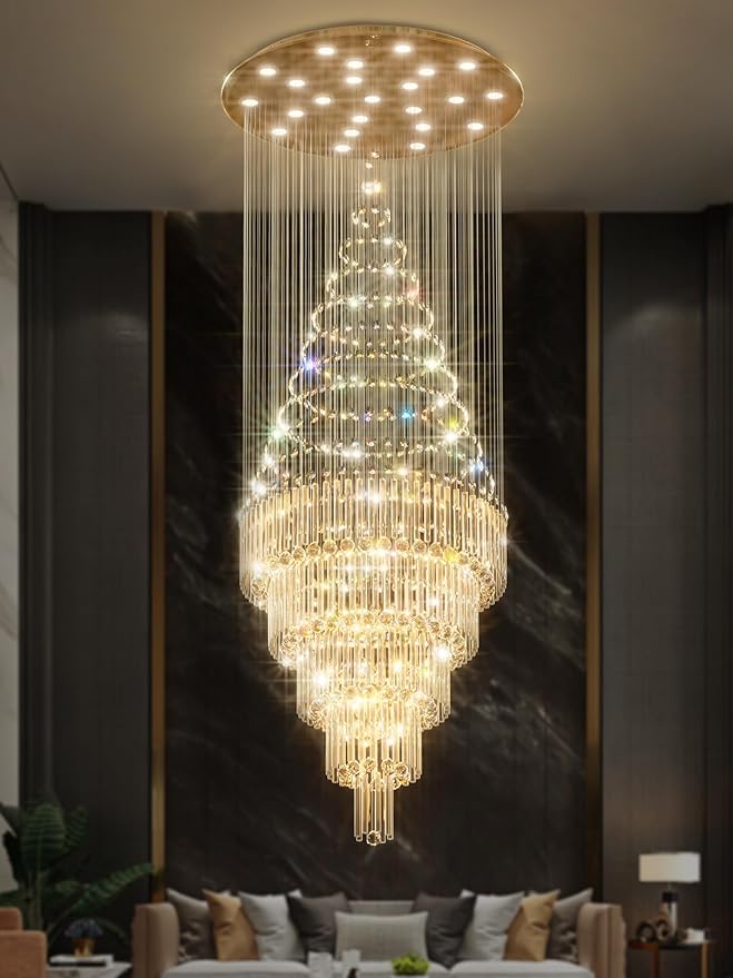 Flashing God 40''X90 High Ceiling Chandelier Crystal Raindrop Gold Chandeliers Staircase Large Chandelier Villa Entrance Foyer Pendant Light Foyer High Ceiling Light 15 GU10 Bulb Dimming