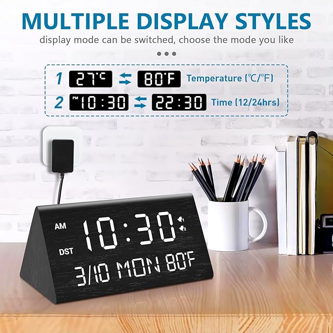 Kogonee Wooden Digital Alarm Clock, 0-100% Dimmer, 2 Alarm Settings, Weekday/Everyday Mode, 9 Mins Snooze, 12/24H, Temperature and Date Display for Office, Travel, Bedroom Alarm Clock (Black)
