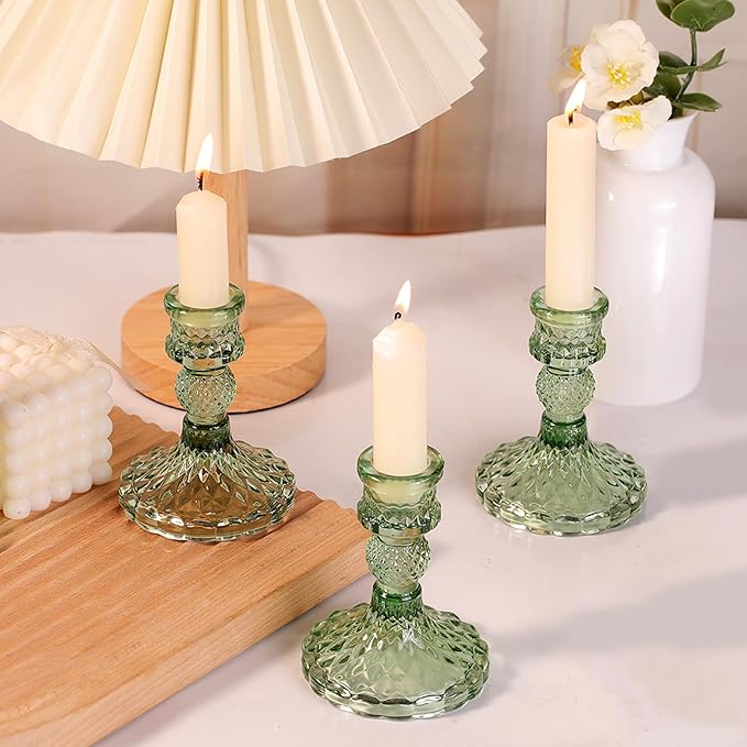 12Pcs Green Candlestick Holders Set- 4" H Taper Candle Holders Bulk, Glass Candle Holders for Wedding, Party, Romantic Dinner Table Centerpieces, Festival Gifts & Windowsill Decor