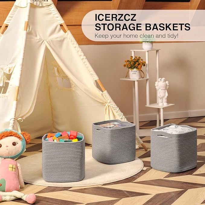 11 Inch Cube Storage Bins, Storage Cube Organizer Bins, Woven Cotton Rope Basket for Storage, Storage Baskets for Organizing Shelves, Grey Baskets for Toys Nursery, Grey (Pack of 3)