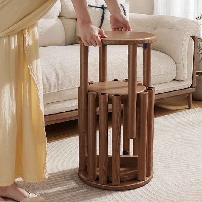 Stackable Stools Set of 4,4-in-1 Wood Stool,Round Wooden Stools with Anti-Slip Foot Pads for Kitchen,Bedroom,Living Room,Bar,No Assembly Required Durable and Space-Saving Design,18 inch (Walnut)
