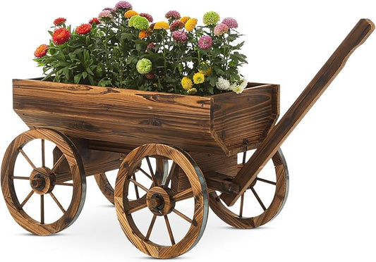 Garden Wooden Decor Rustic Flower Pot,Planters Wagon Indoor Outdoor Backyard Balcony Decor,for Outside Garden Decor Wheelbarrow Planter for Patio (Wooden Wagon)