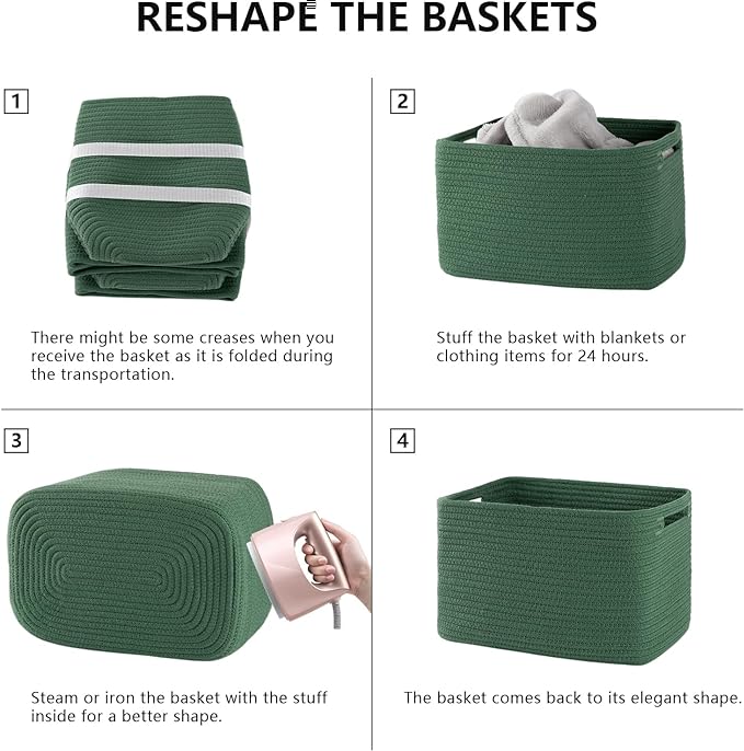 4 Pack Storage Baskets for Organizing, Woven Baskets for Shelves - Perfect for Toys, Books, Towels, and Clothes, Durable Gift Basket Bins Toy Storage, 12.7''L x9''W x7.8''H, Green
