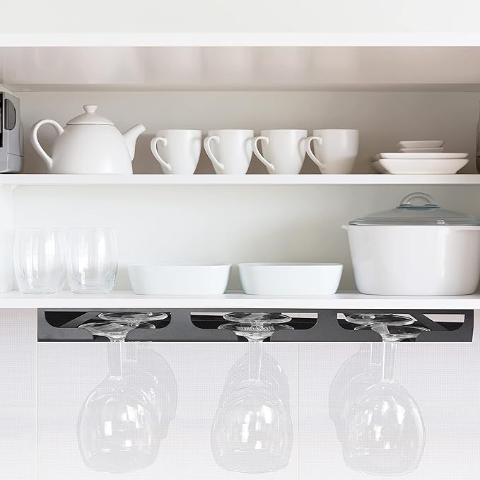 Wine Glass Rack - Under Cabinet Stemware Wine Glass Holder Glasses Storage Hanger Metal Hanging Organizer for Bar Kitchen 3 Rows Black