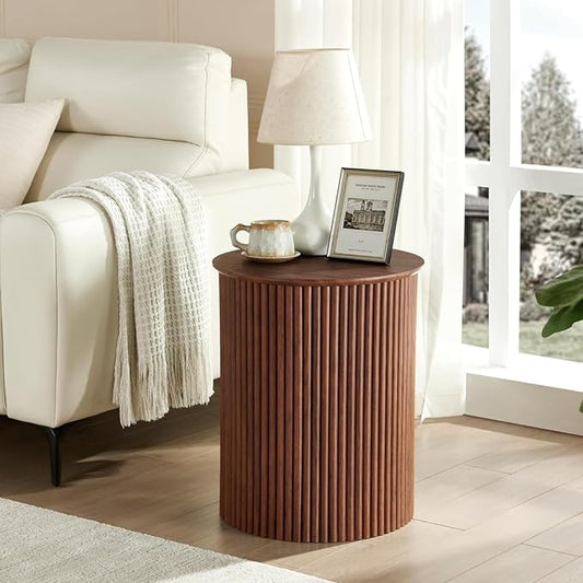 AVZEAR Fluted Round Side Table Small Mid Century End Table, 17.7" Fluted Nightstands Modern Circle Bedside Tables, Wood Night Stand for Small Spaces, Living Room, Bedroom (Rustic Walnut)