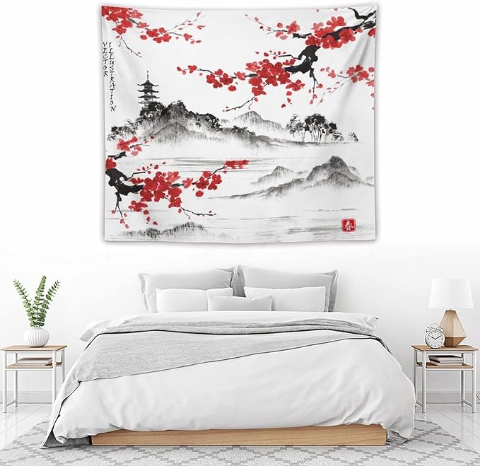 Cherry Blossoms Tapestry, Japanese Fuji Mountain Tapestry, Asian Japanese Wall Tapestry, Nature Landscape Tapestries for Bedroom Living Room Decor 60"x50"