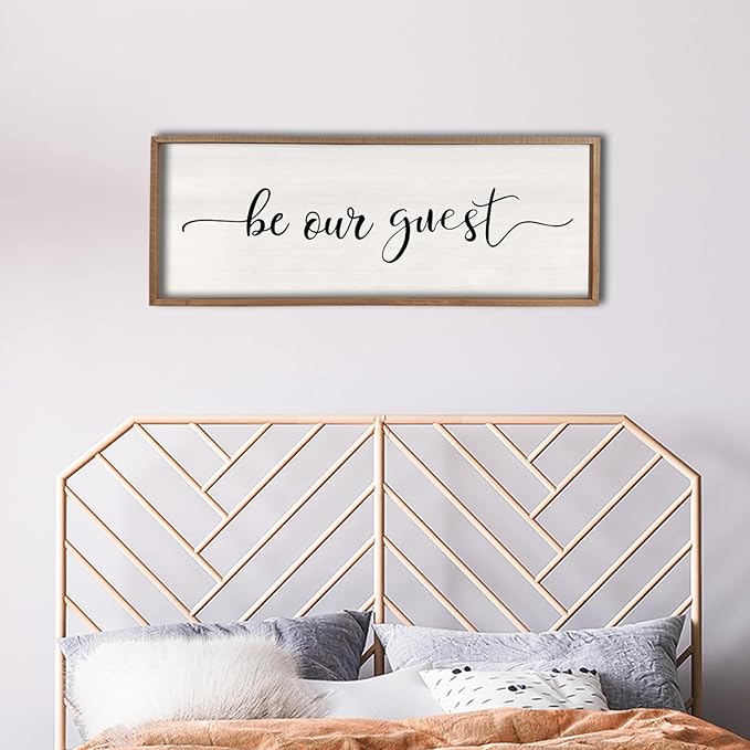 comurdyo Be Our Guest Wall Decor Sign 40”X15” Large Master Bedroom Above Bed Wall Decor Wood Framed Guest Room Sign Simple Rustic Farmhouse Over Bed Bedside Wall Art (Wood)