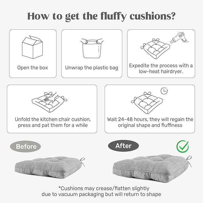 puredown® Chair Cushions for Dining Chairs, Tufted Memory Foam Chair Pads with Non-Slip Backing, Kitchen Seat Cushions with Ties, Washable Seat Pad Set of 4, 15.5" x 15.5" x 4", Green