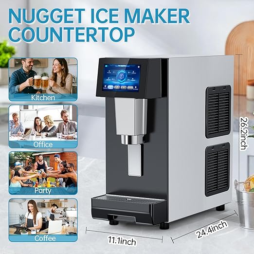 Commercial Nugget Ice Maker Machine, 100Lbs/24H Pellet Chewable Ice, 3-IN-1 Nugget Ice Maker with Ice & Water Dispenser, Self-Cleaning Countertop Stainless Steel Ice Machine for Business, Office,Party