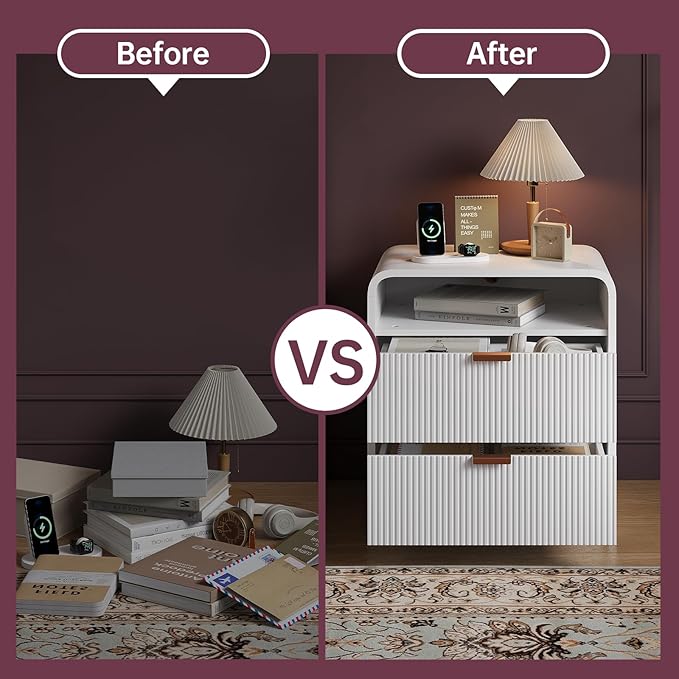 FURSUN 24" Fluted Nightstand with Charging Station, Wooden End Table with 2 Drawers Storage, Curved Profile Design, Modern Bedside Cabinet for Bedroom Living Room, White