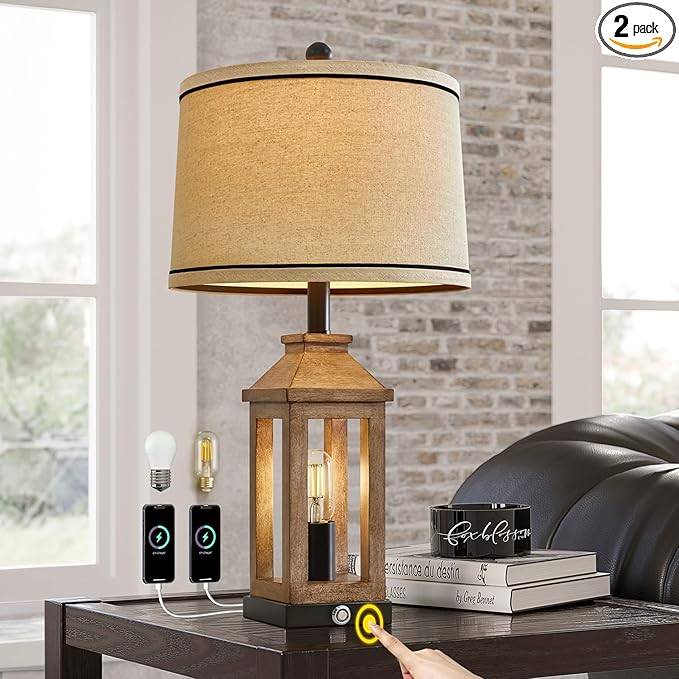 23.75" Farmhouse Table Lamps USB A+C Charging Ports 3-Way Dimmable Touch Control Lamp Nightlight Vintage Modern Lamp for Living Room Bedroom with 2 Light Sources