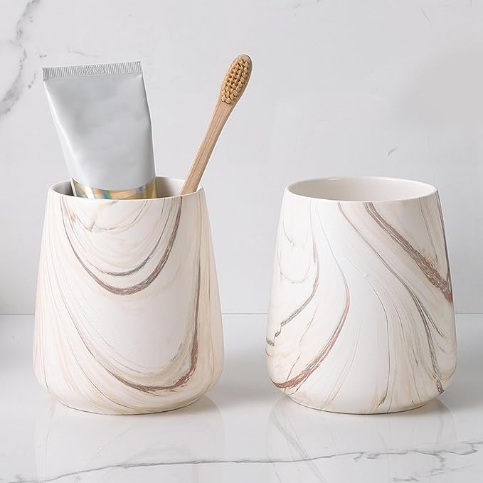 2Pcs Toothbrush Holder for Bathroom - Marble Brown Ceramic Tooth Brushing Holders Set, Toothbrush Cup & Toothpaste Organizer for Bathroom Countertop, Makeup Brush Holder, Pen Holder for Home Storage
