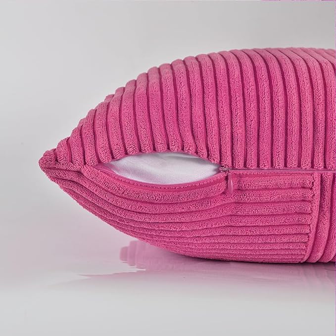 Fancy Homi 2 Packs Hot Pink Long Lumbar Decorative Throw Pillow Covers 12x24 Inch for Couch Bed Sofa, Rustic Farmhouse Boho Home Decor, Soft Striped Corduroy Rectangle Accent Cushion Case 30x60 cm