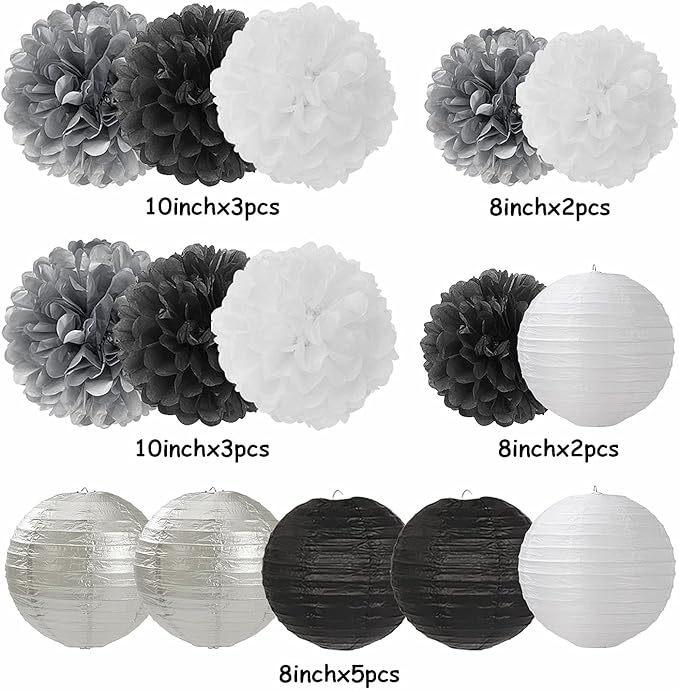 Black White Silver Party-Decorations Paper Flowers Lanterns - 15PCS Birthday Halloween Wedding Tissue Pom Poms Streamers, Halloween Prom Baby Shower Bachelorette Hanging Supplies Decor Hugfond