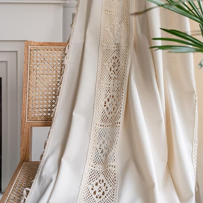 Sutuo Home Boho Curtain Crochet Lace Patchwork Semi-Blackout Bohemian Handmade Tassels, Rod Pocket Window Treatment Vintage Rustic Farmhouse Drapes for Bedroom, 1 Panel 59" W x 96" L, Beige