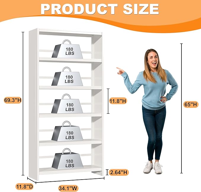 69.3" H Home Office Bookcase Shelf Storage,5 Tier Bookcase with Open Display Shelves,Industrial Wide Bookshelf with Metal Frame for Home Office, Living Room, Bed Room (34.1" W)