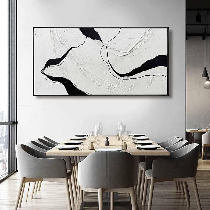 Framed Minimalist Wall Art 24"x48" Black and White Abstract Print Poster Line Canvas Modern Artwork for Living Room Bedroom Office Decor